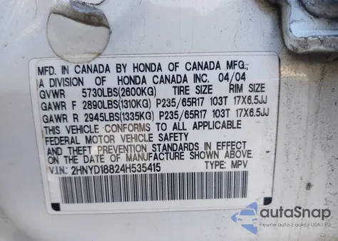 2004 Acura Mdx из США, поврежденный, VIN 2HNYD18824H535415